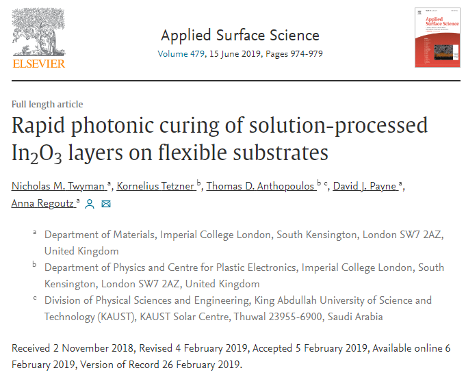 《Applied Surface Science》：对在柔性基材上溶液沉积法制备的氧化铟薄膜进行快速光子固化