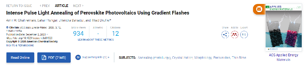 《Applied Energy Materials》：利用光子烧结系统对钙钛矿光伏材料进行强脉冲光退火